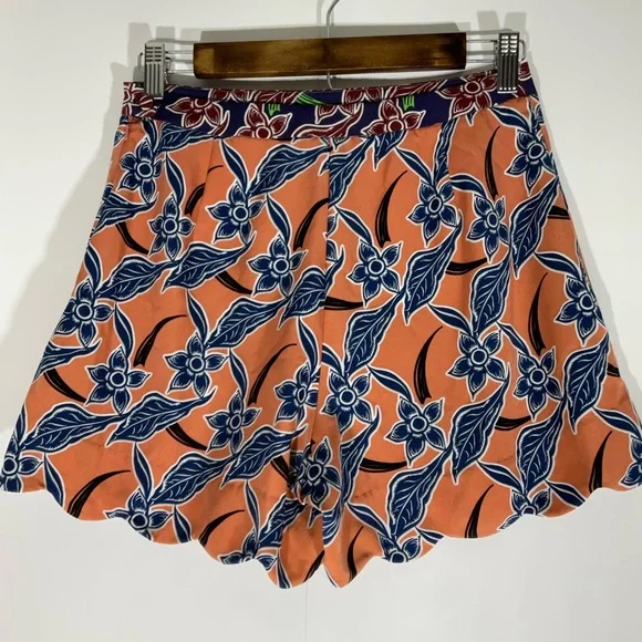 Topshop Floaty Short Orange w/Blue Floral Design Side Zipper Scalloped Hem Sz 4 - Picture 9 of 14